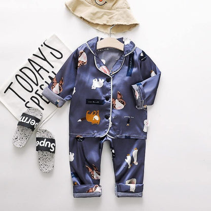 Stevvex ice silk satin kids pajama set navy cartoon prints top & pants on Tampa Home & Garden Store