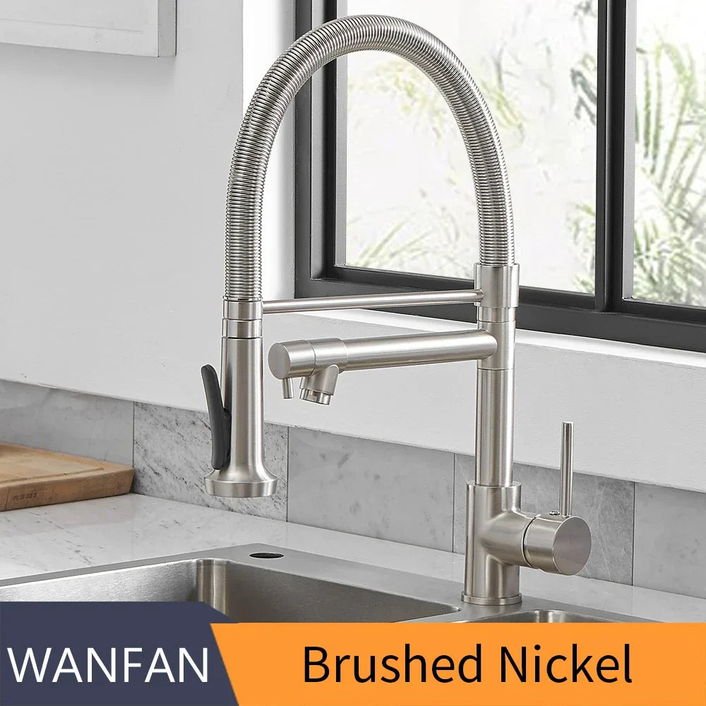 DecorBites brushed nickel kitchen mixer faucet with spring-coil neck and dual spouts on Tampa Home & Garden Store