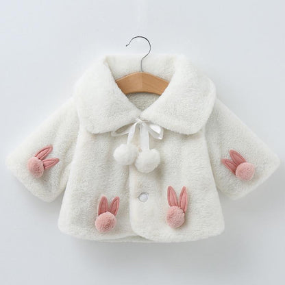 Princess baby girls white faux fur coat by Stevvex with pink bunny patches and pom poms on Tampa Home & Garden Store