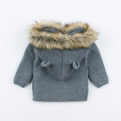 Baby hooded knitted jacket with fur trim, grey knit coat by Stevvex on Tampa Home & Garden Store