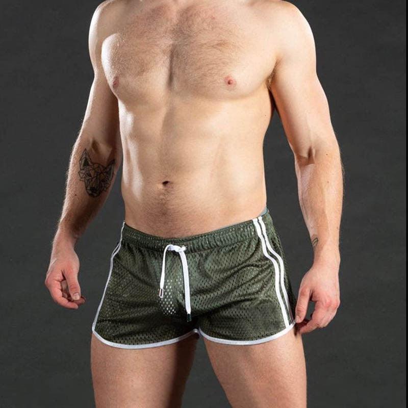 Stevvex men's sport running shorts green mesh with white piping and drawstring on Tampa Home & Garden Store