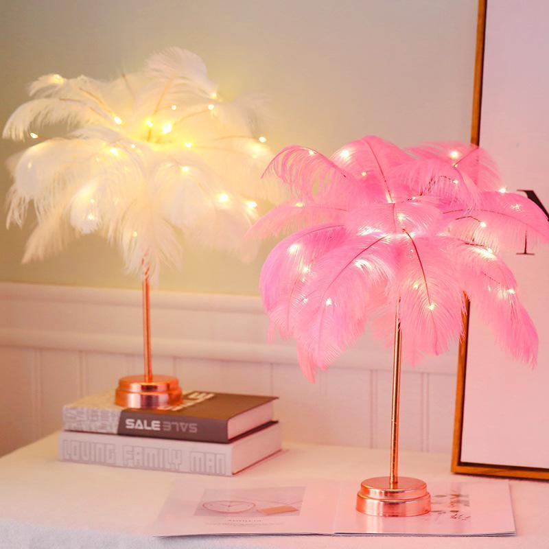 Stevvex Feather Table Lamp USB lights, LED white and pink feather shades, copper stems 2pc on Tampa Home & Garden Store