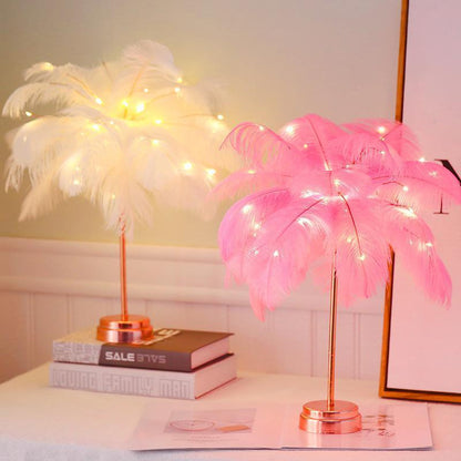 Stevvex Feather Table Lamp USB lights, LED white and pink feather shades, copper stems 2pc on Tampa Home & Garden Store