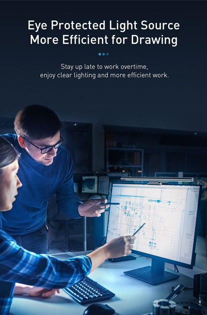 STEVVEX Screenbar LED Desk Lamp black mounted on top of a monitor in a blue-lit office on Tampa Home & Garden Store