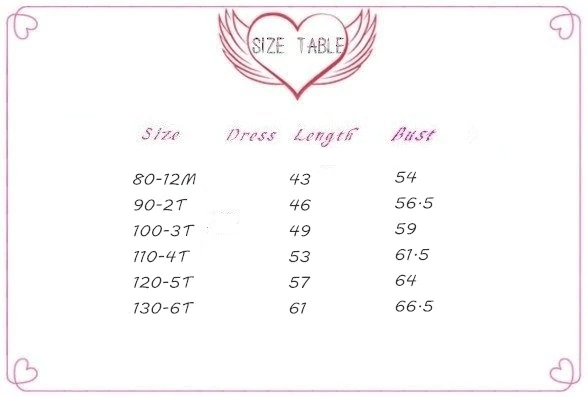 Stevvex baby dress size table card in pink showing dress length and bust by size 80-12M-130-6T on Tampa Home & Garden Store