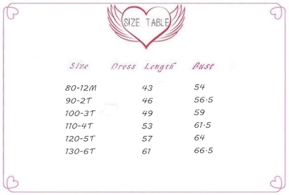 Stevvex baby dress size table card in pink showing dress length and bust by size 80-12M-130-6T on Tampa Home & Garden Store