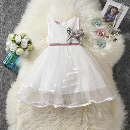 Stevvex white lace tulle toddler dress with pink sash and floral accent for girls 1–6 years on Tampa Home & Garden Store