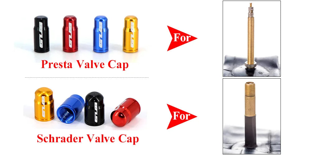Aluminum valve stem caps set of 8 in black red blue gold for Presta Schrader by BikerZoneZ on Tampa Home & Garden Store