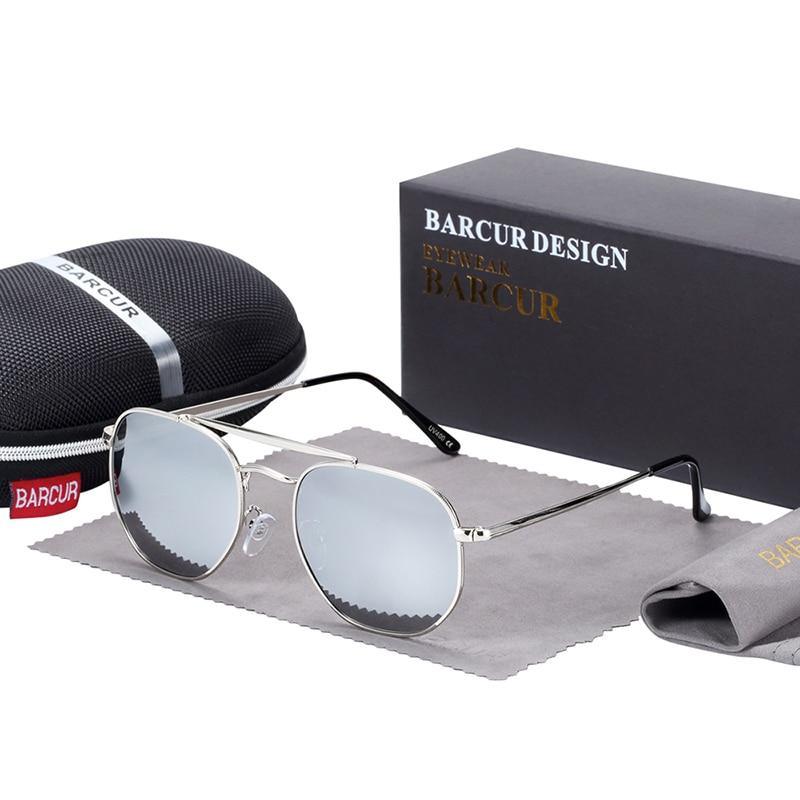Barcur design sunglasses with silver metal frame, polarized mirrored lenses UV400 protection on Tampa Home & Garden Store