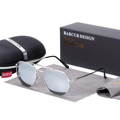 Barcur design sunglasses with silver metal frame, polarized mirrored lenses UV400 protection on Tampa Home & Garden Store