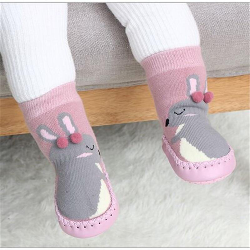 Indoor sock shoes for newborns Stevvex pink gray bunny motif with rubber soles on Tampa Home & Garden Store