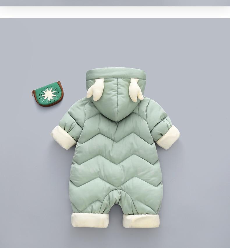 Stevvex baby hooded puffer jumpsuit in mint green with chevron quilting white fur cuffs on Tampa Home & Garden Store