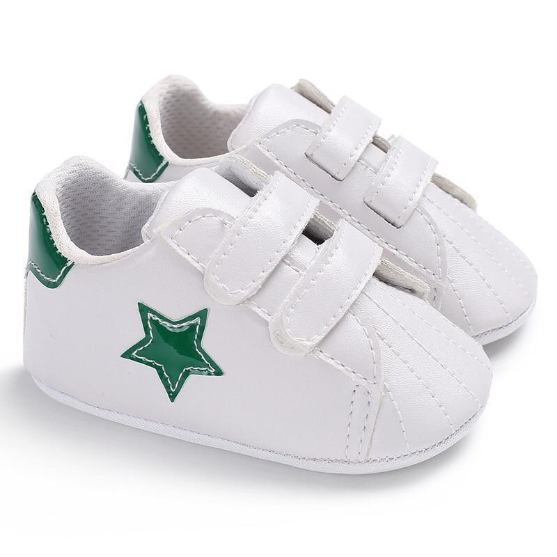 Stevvex newborn white PU leather first walkers with green star on Tampa Home & Garden Store
