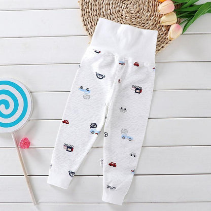 Baby pants cotton infant leggings with high waist white fabric featuring small vehicle prints on Tampa Home & Garden Store