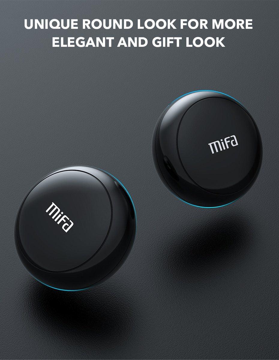 Mifa wireless earbuds, round black true wireless in-ear headphones with blue ring, pair shown on Tampa Home & Garden Store