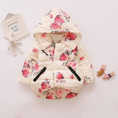 Stevvex baby floral hooded puffer jacket with cream base and pink roses, black zip pockets on Tampa Home & Garden Store