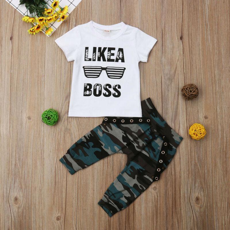 Stevvex baby outfit white LIKE A BOSS tee with camo pants and belt loops Tampa on Tampa Home & Garden Store