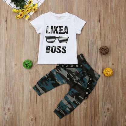 Stevvex baby outfit white LIKE A BOSS tee with camo pants and belt loops Tampa on Tampa Home & Garden Store