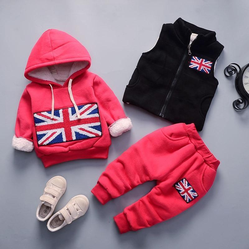 Three-piece baby set: pink hoodie with Union Jack, pink pants with flag, black zip vest on Tampa Home & Garden Store