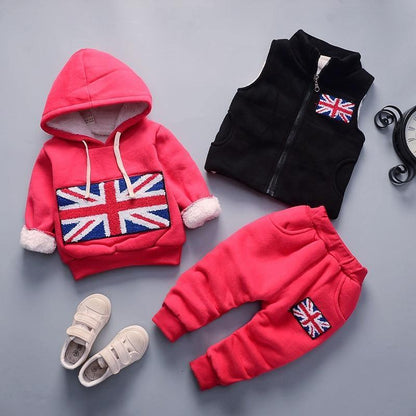 Three-piece baby set: pink hoodie with Union Jack, pink pants with flag, black zip vest on Tampa Home & Garden Store