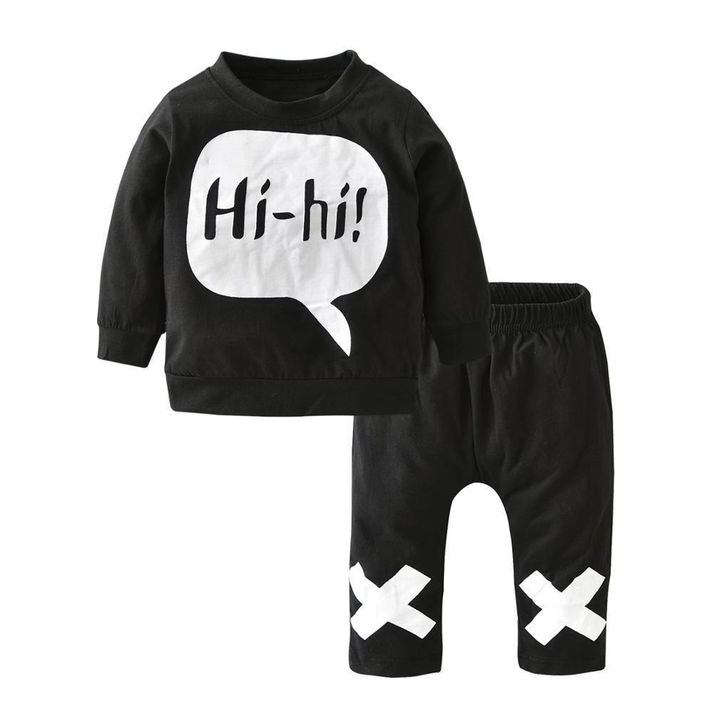 Stevvex newborn boy set: black tee with Hi-hi print and pants with white X knee patches on Tampa Home & Garden Store