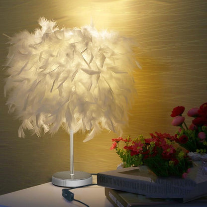 Stevvex feather lamp with white feather shade and metal base for bedroom decor on Tampa Home & Garden Store