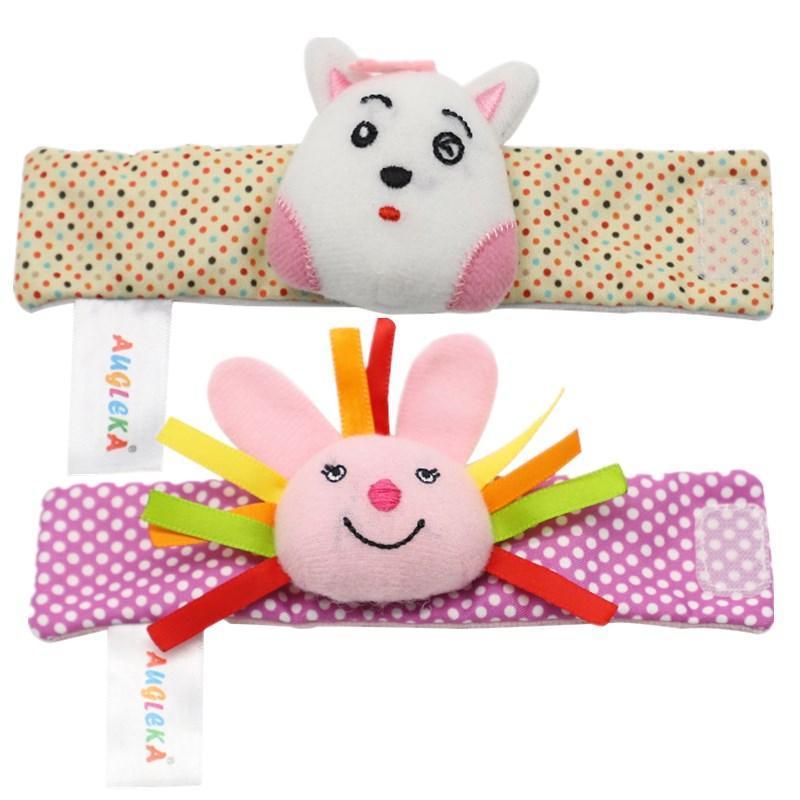 Stevvex infant wrist rattles dog and pink bunny on polka-dot cuffs with rainbow ribbons on Tampa Home & Garden Store