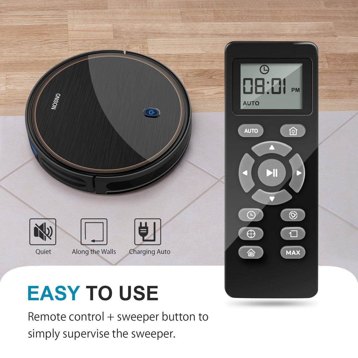 ONSON J10C robot vacuum cleaner, black circular unit with copper trim, remote control on Tampa Home & Garden Store