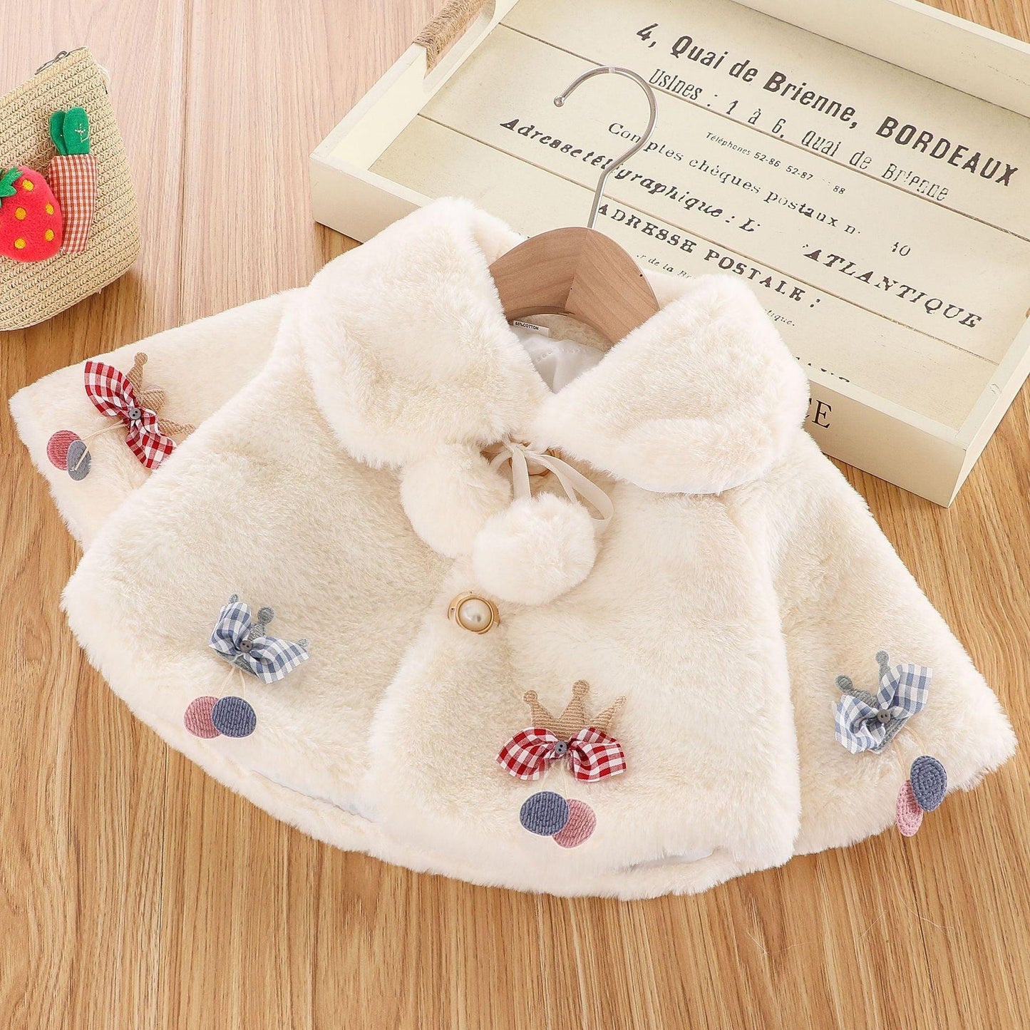 New luxury baby fur cloak jacket ivory plush with plaid bow patches Stevvex Baby Coats on Tampa Home & Garden Store