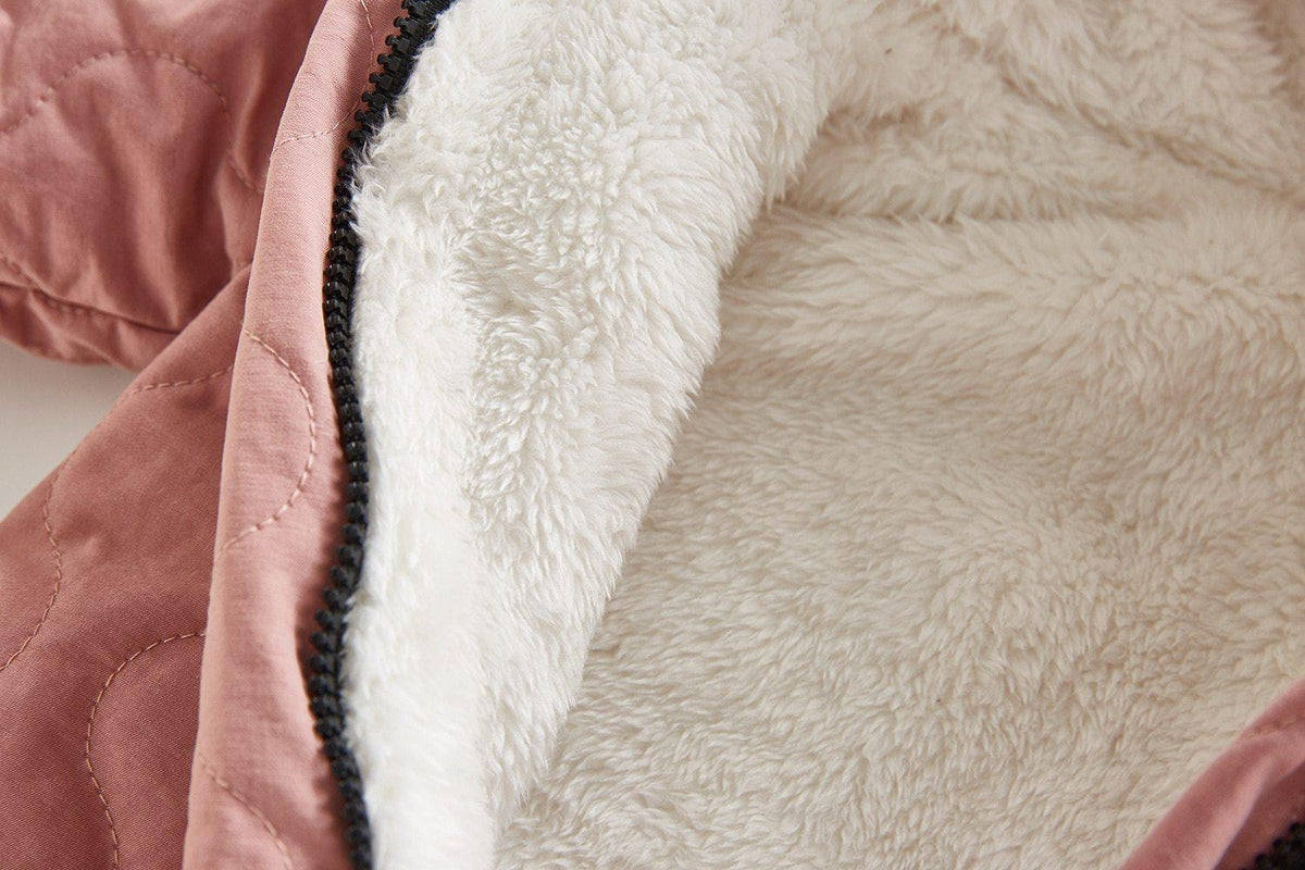 Stevvex baby plush jumpsuit jacket pink quilted exterior with white fleece lining zipper on Tampa Home & Garden Store