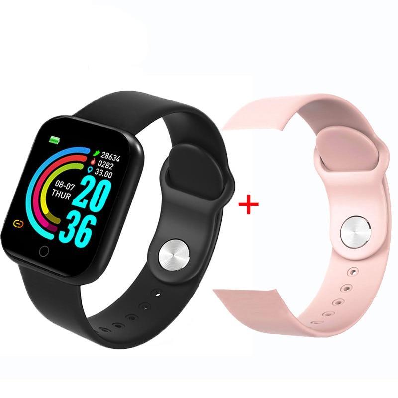 Stevvex smart watch with black silicone band and pink strap, square touchscreen on Tampa Home & Garden Store