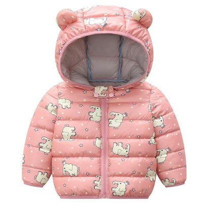 Stevvex pink bear-print baby puffer coat with hood for toddlers 3-24 months on Tampa Home & Garden Store
