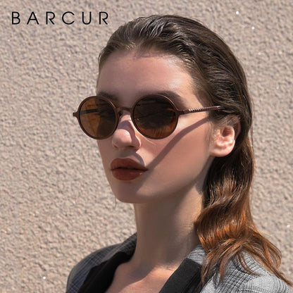 Round polarized sunglasses with brown metal frame UV400 protection BARCUR logo on Tampa Home & Garden Store