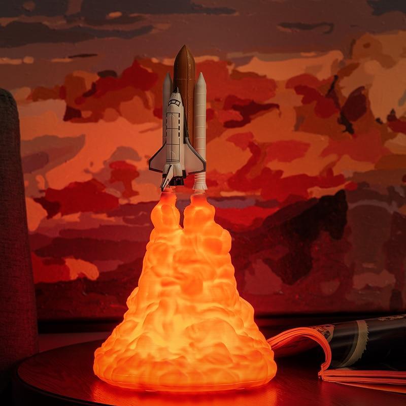 Stevvex Space Shuttle Lamp night light, 3D printed rocket with orange lava plume on Tampa Home & Garden Store