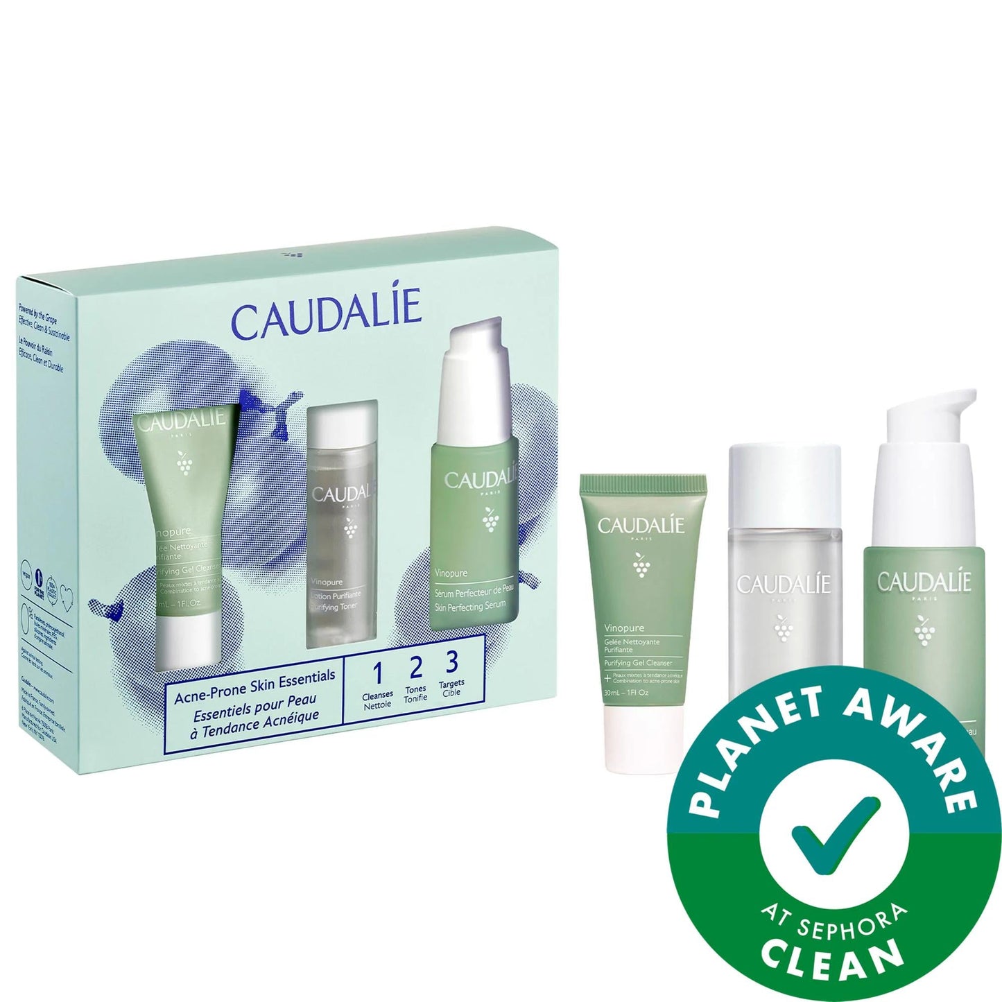 Caudalie Vinopure acne-prone skin essentials set box with teal bottles and tubes on Tampa Home & Garden Store