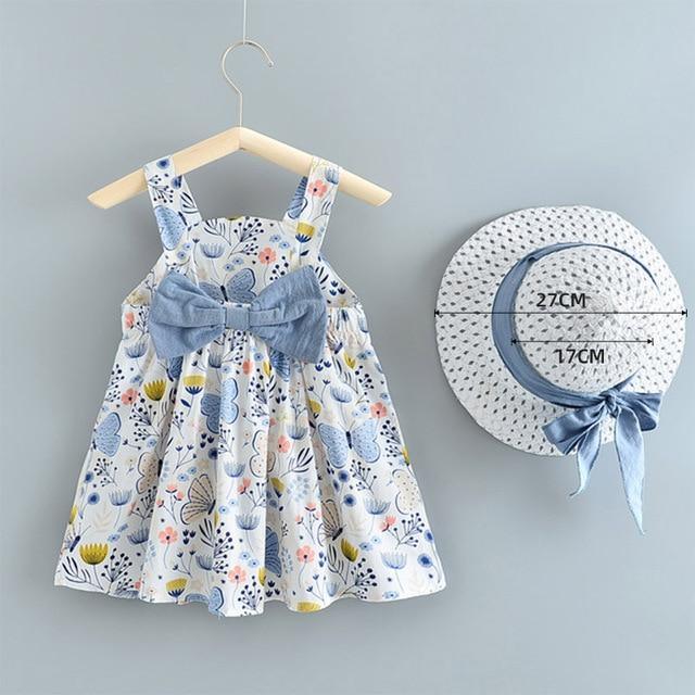 Stevvex baby girl summer dress with blue floral print and big bow; 2-piece set with hat on Tampa Home & Garden Store