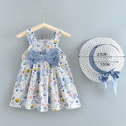 Stevvex baby girl summer dress with blue floral print and big bow; 2-piece set with hat on Tampa Home & Garden Store