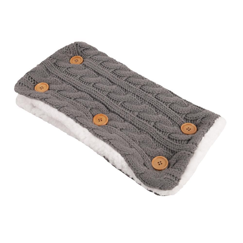 Swaddling blanket gray cable-knit with white sherpa edge and wooden buttons for newborns on Tampa Home & Garden Store