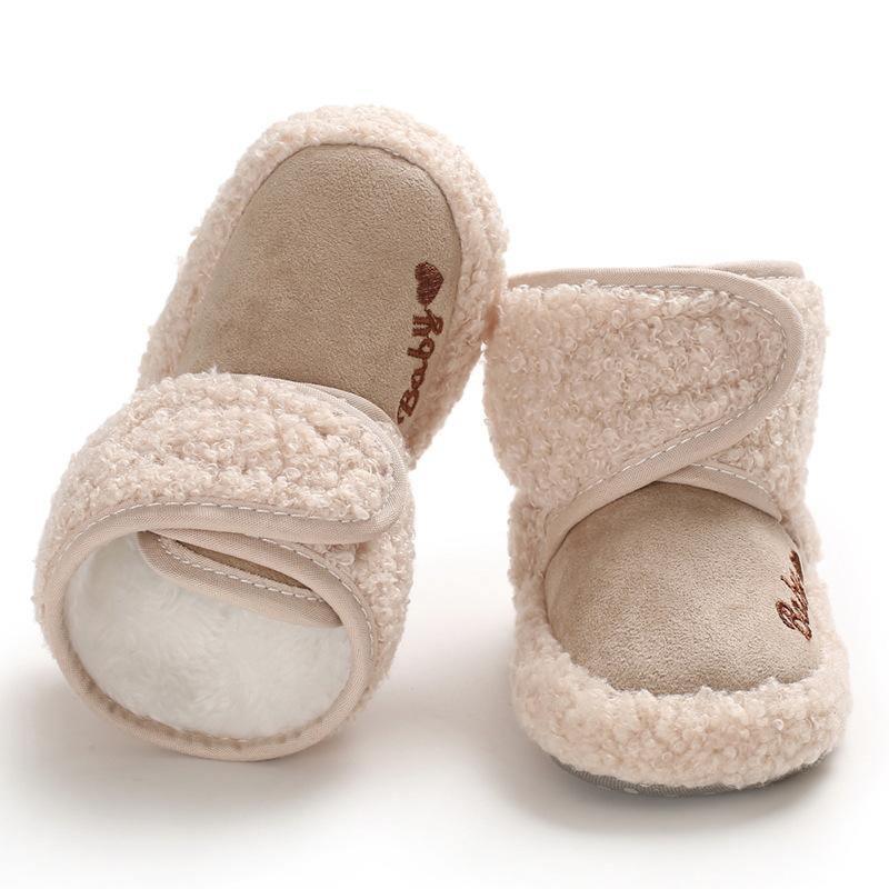 Stevvex newborn baby booties pair beige faux fur, soft suede sole with strap on Tampa Home & Garden Store