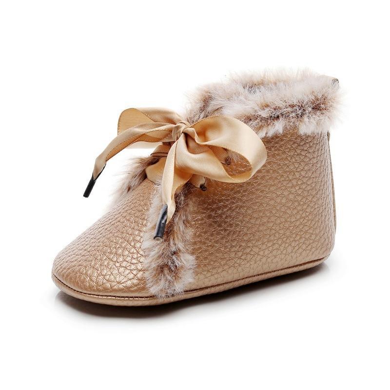 Baby PU Boots Stevvex metallic brown faux leather with fur trim and bow lace-up on Tampa Home & Garden Store