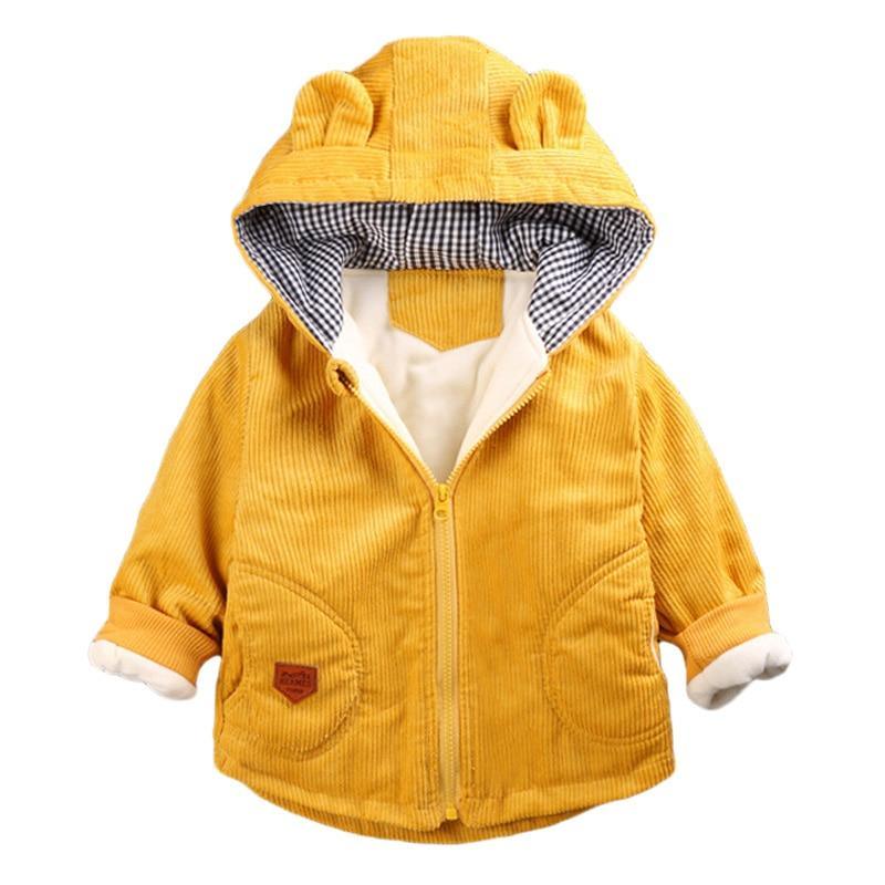 Infant Baby Jacket mustard corduroy hooded coat with checkered lining ears Stevvex newborn on Tampa Home & Garden Store