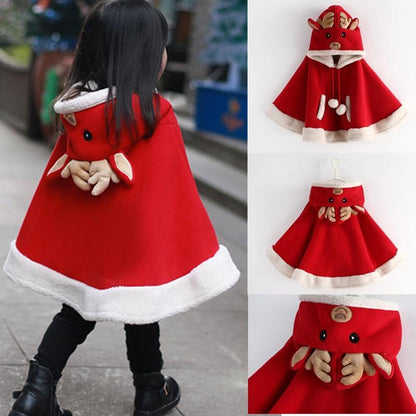 Christmas reindeer hooded baby parka by Stevvex, red with white faux-fur trim; four views on Tampa Home & Garden Store