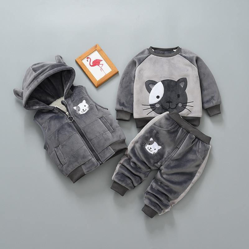 Three-piece baby winter set gray with hooded vest, cat-face sweater, and pants Stevvex on Tampa Home & Garden Store