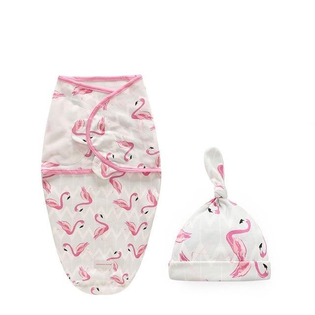 Stevvex newborn two-piece swaddle wrap and hat set in white with pink flamingo print on Tampa Home & Garden Store