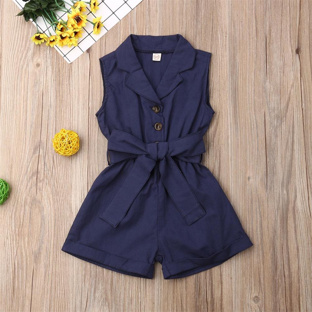 Navy blue Stevvex girls romper with waist belt, sleeveless button-front jumpsuit for summer on Tampa Home & Garden Store