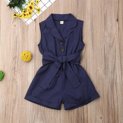Navy blue Stevvex girls romper with waist belt, sleeveless button-front jumpsuit for summer on Tampa Home & Garden Store