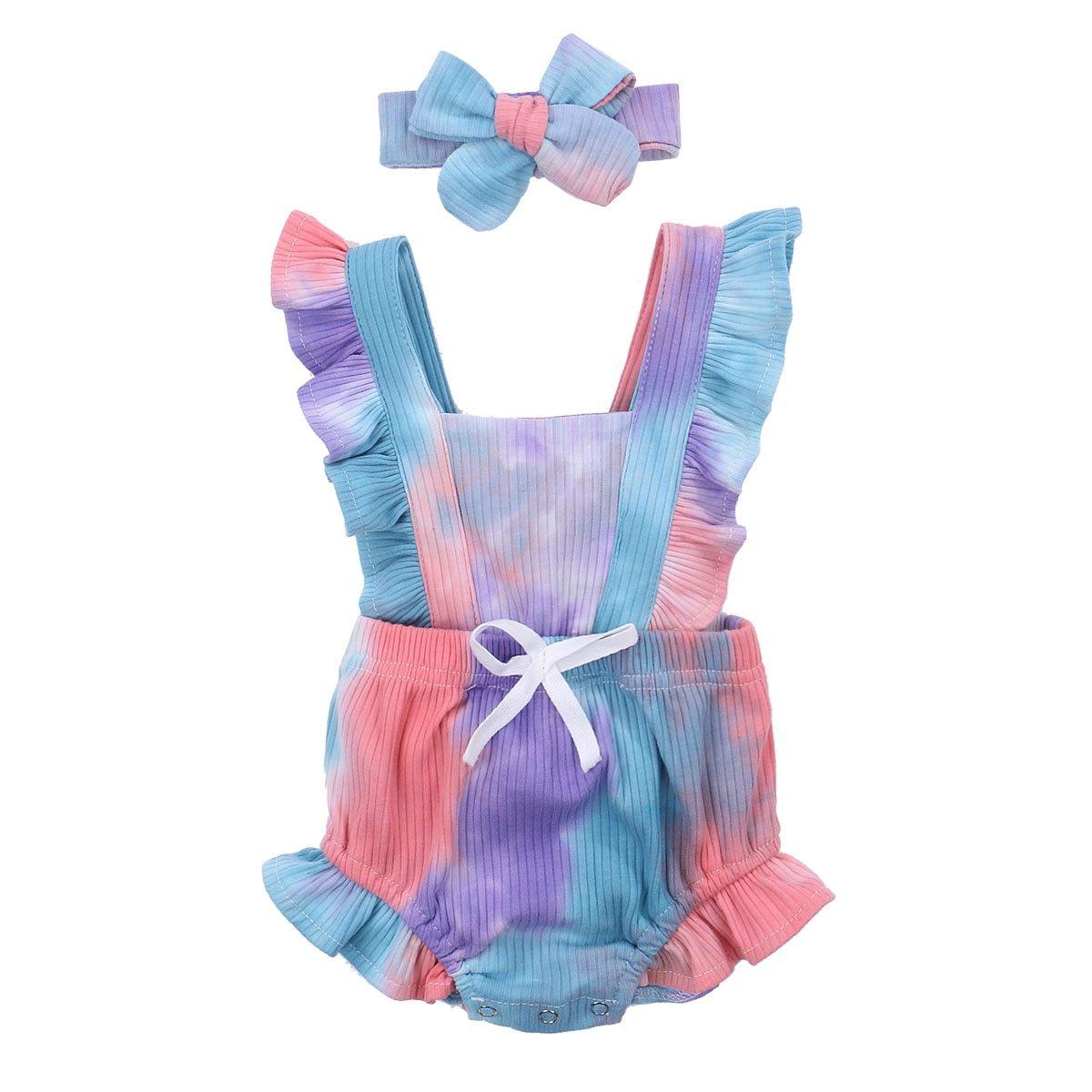 Stevvex pastel tie-dye toddler romper set with ruffled straps, tie waist bow, matching headband on Tampa Home & Garden Store