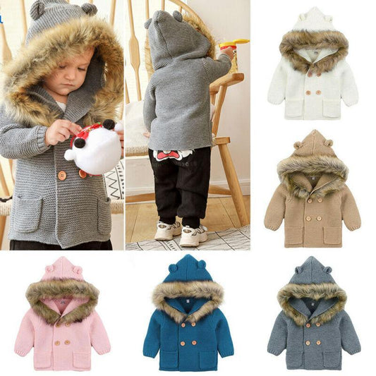 Baby knit hooded coat with fur collar by Stevvex in gray/white/beige/pink/teal/blue on Tampa Home & Garden Store