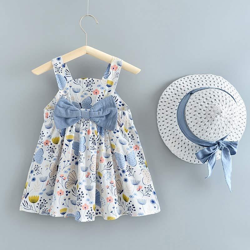 Baby girl two-piece dress with hat by Stevvex, floral butterfly print, blue bow at waist ST15BY69915PODDE on Tampa Home & Garden Store