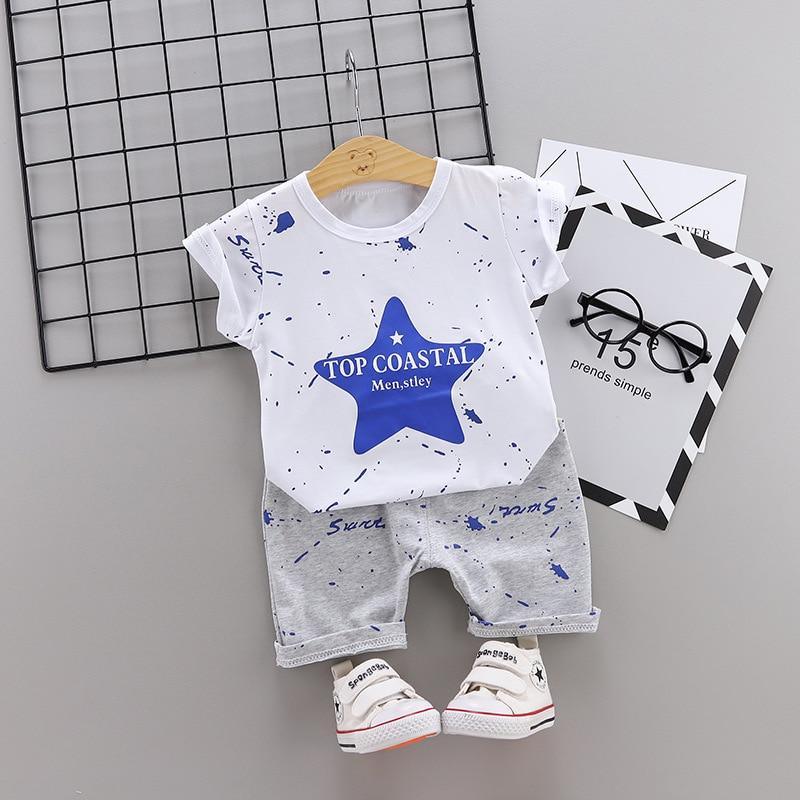 Stevvex baby boys costume set: white star-print tee with blue splashes and gray shorts on Tampa Home & Garden Store